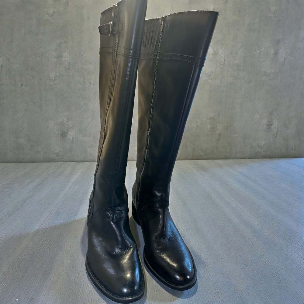 Born Black Leather Knee High Riding Boots Side Zip  Biker Moto Goth Indie 9.5